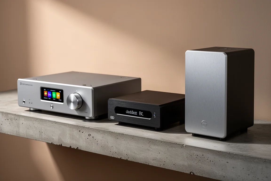 Three high-end streaming DACs arranged on a concrete shelf in soft studio light