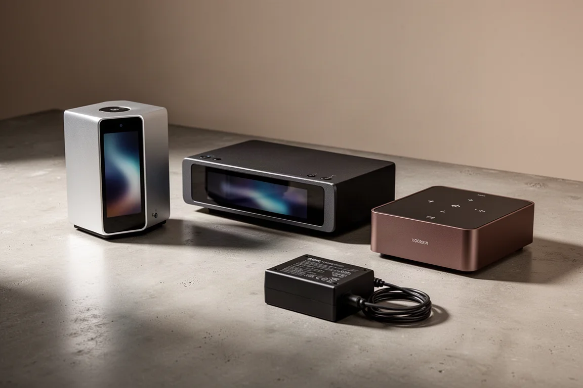 Three compact hi-fi streaming components and a small outboard power supply on a concrete surface