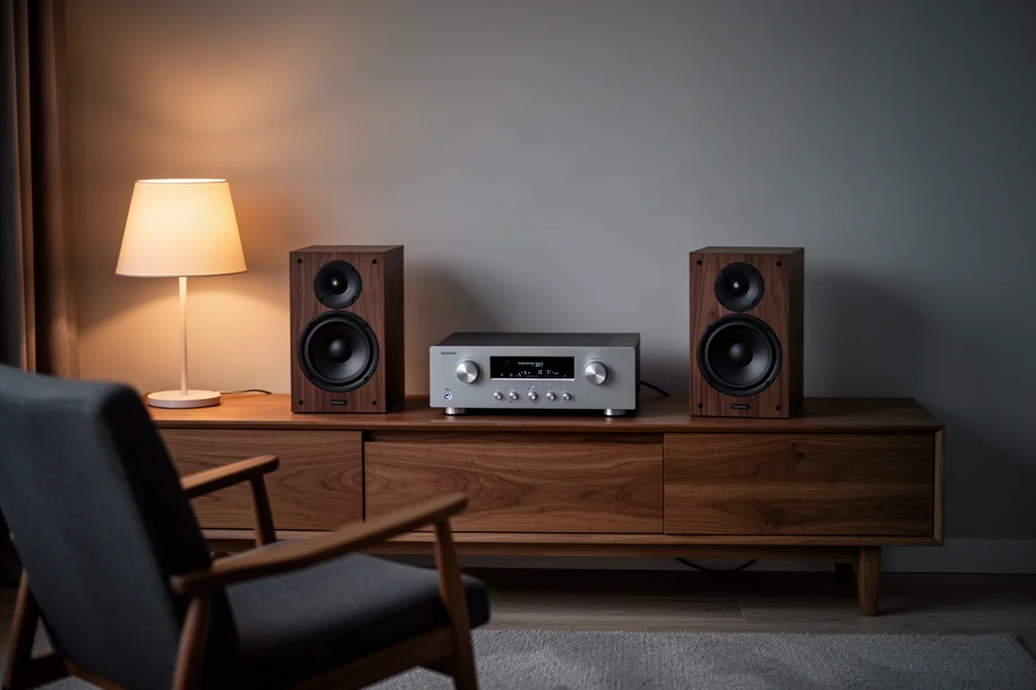 Compact hi-fi system with amplifier and standmount speakers in a living room at dusk