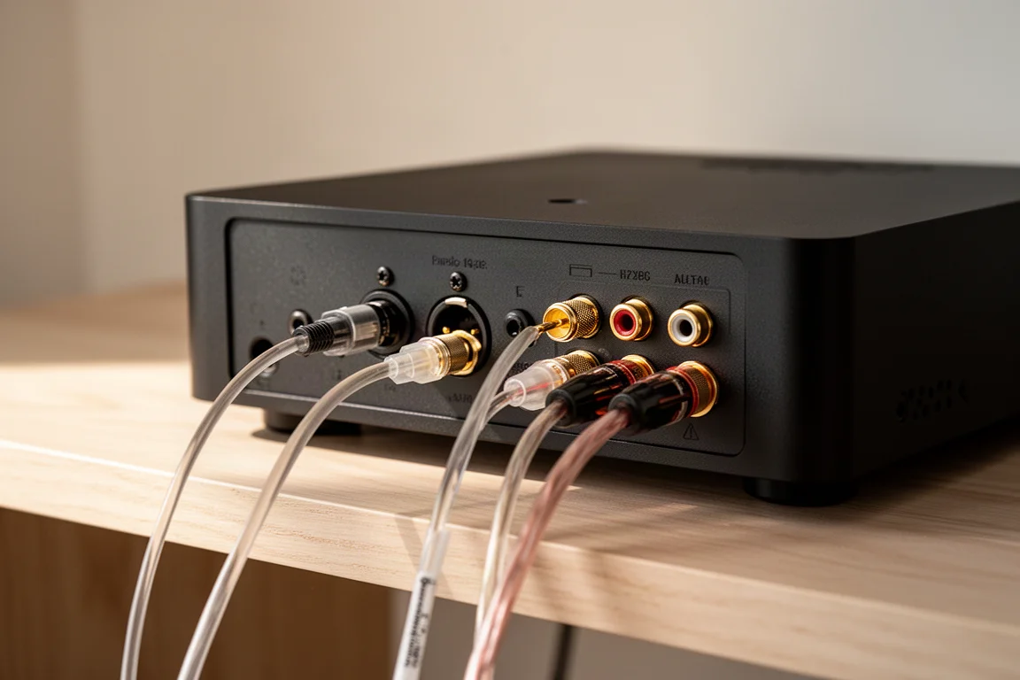 Close-up of optical and coaxial cables connected to the rear of a compact black hi-fi component