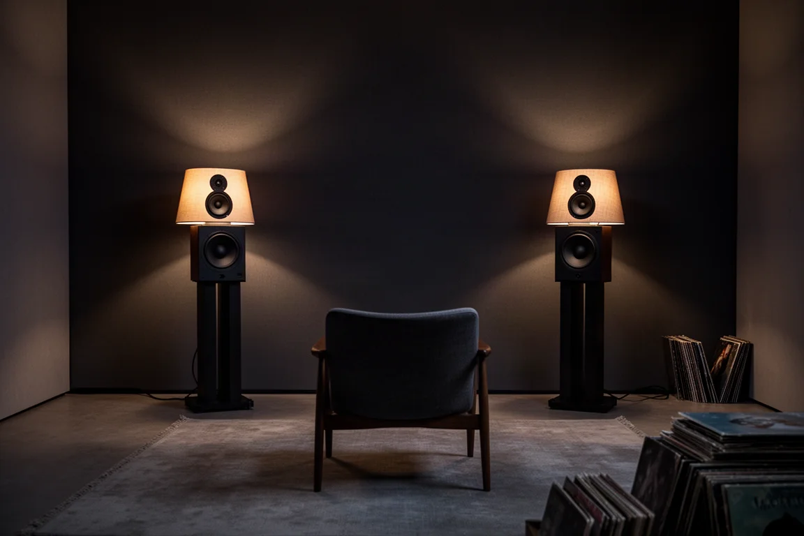 Dim listening room at night with speakers in soft light and an empty chair