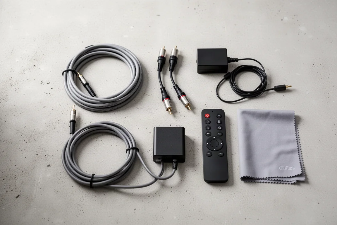 Overhead flat-lay of hi-fi cables and accessories on a concrete surface