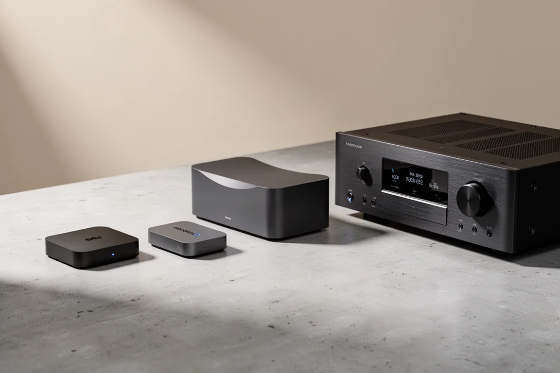 Four hi-fi streaming components arranged on a concrete surface for comparison
