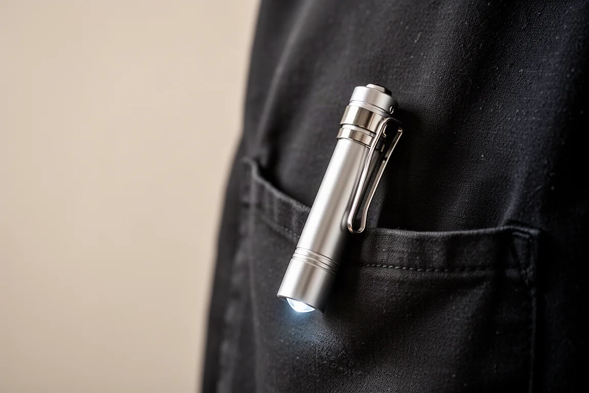 Compacte EDC-zaklamp, aan de rand van een borstzak geklemd