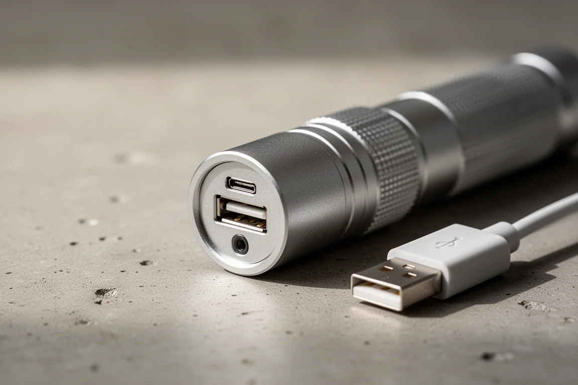 Close-up van een micro-USB oplaadpoort op de staart van een zaklamp