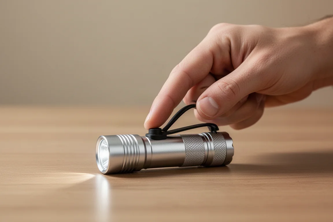 Zaklamp ingedrukt met zichtbare duwelkracht op de schakelaar aan de staart