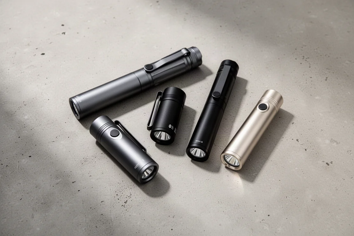 Verzameling moderne compacte zaklampen op een betonnen ondergrond