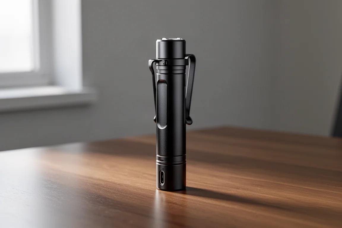 Slim black aluminum EDC flashlight with pocket clip standing on a wooden desk