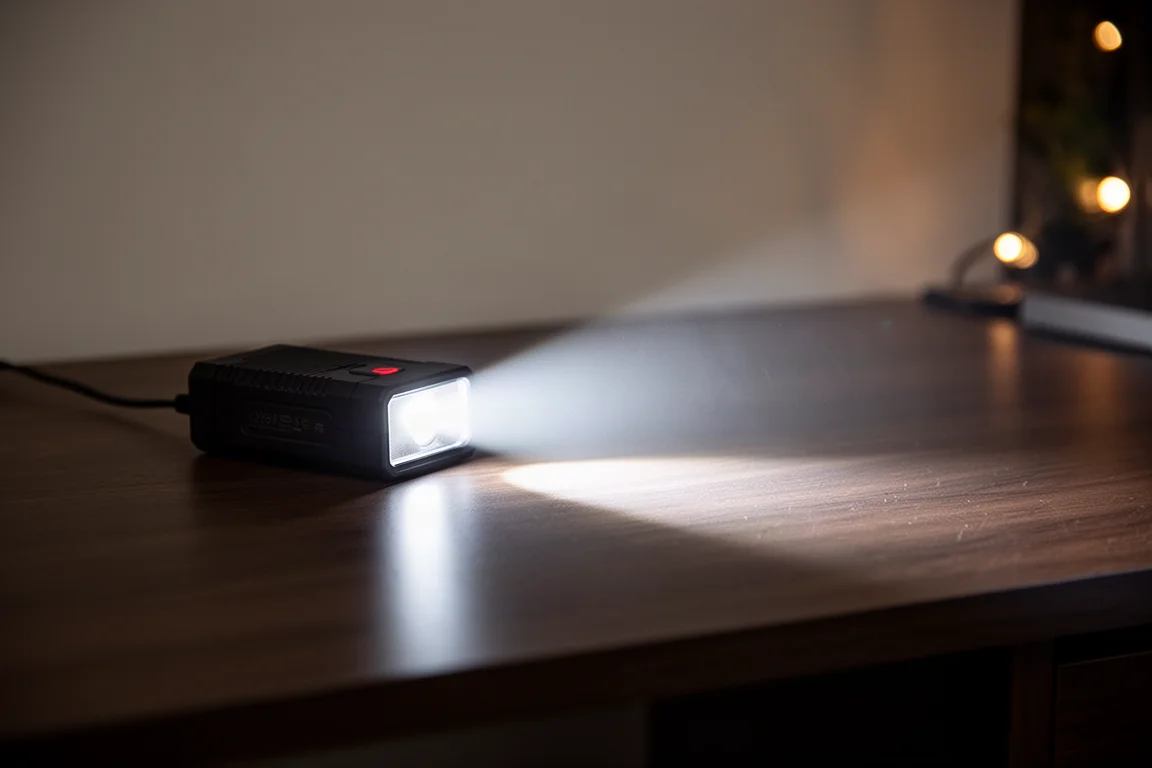 Platt ficklampa som kastar ett brett, ljust ljus över ett mörkt skrivbord