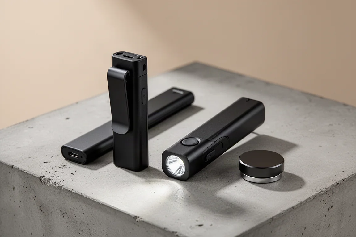 Streamlight Wedge 與 Olight Arkfeld 扁平手電筒並排放置在水泥面上