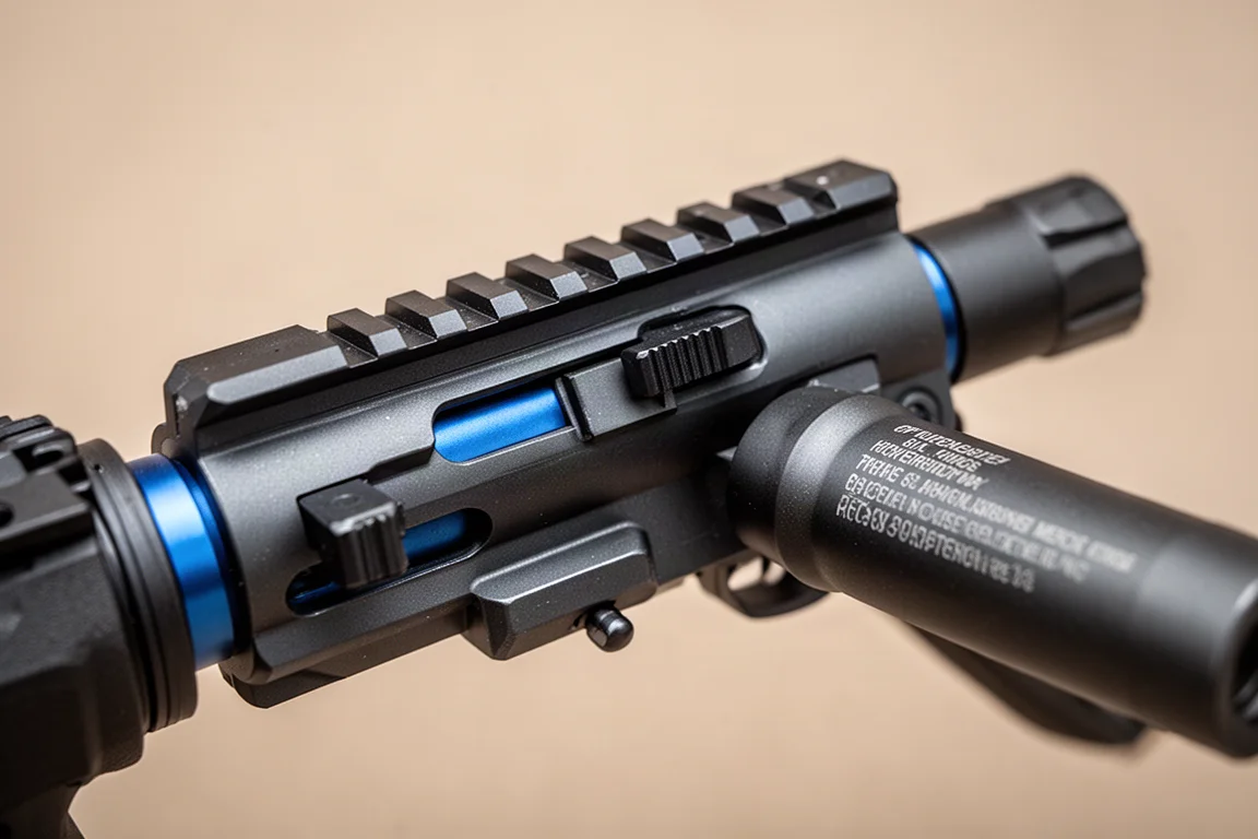 Primer plano del receptor y los detalles del riel anodizados en azul del Strike Industries Raider M4 PDW