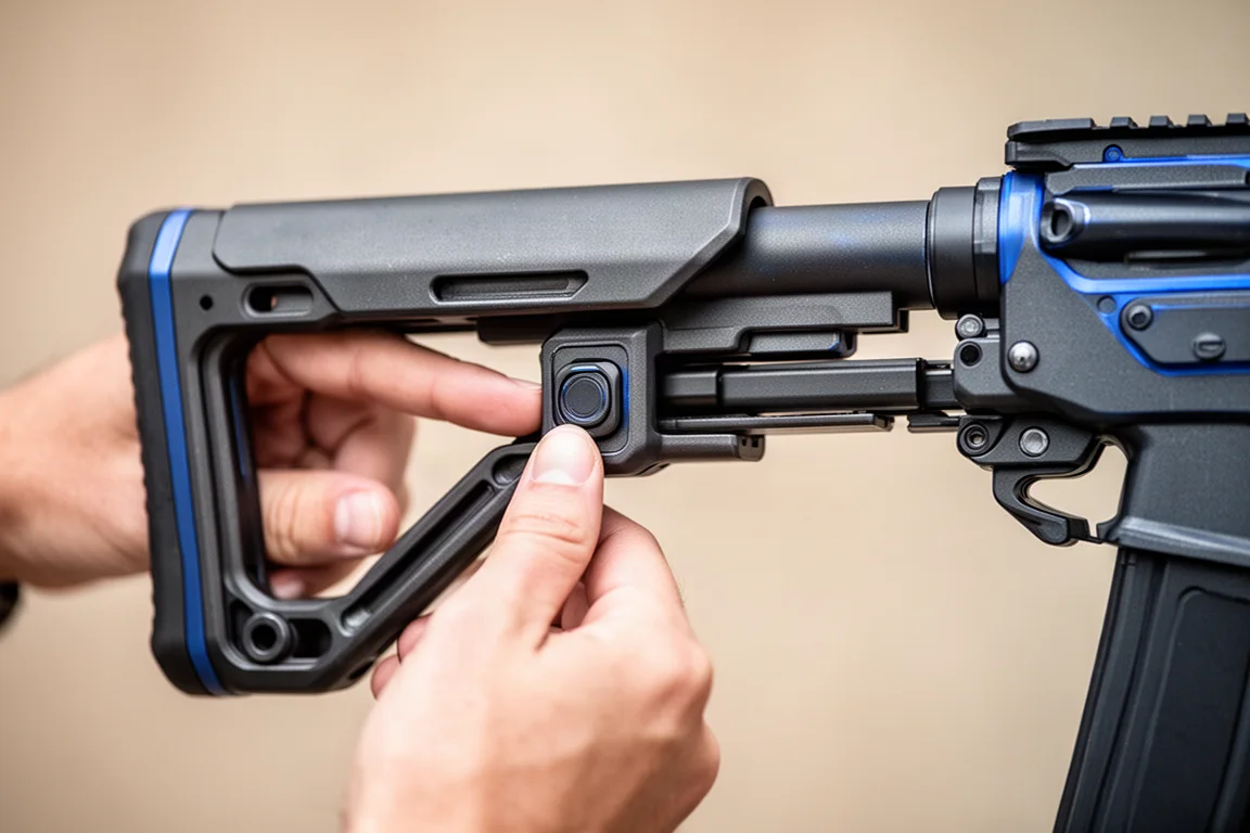Mano presionando el botón de la culata PDW para extenderla