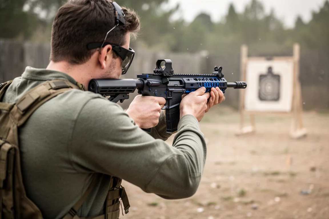 Jugador de airsoft apuntando el rifle a un objetivo en un entorno de práctica