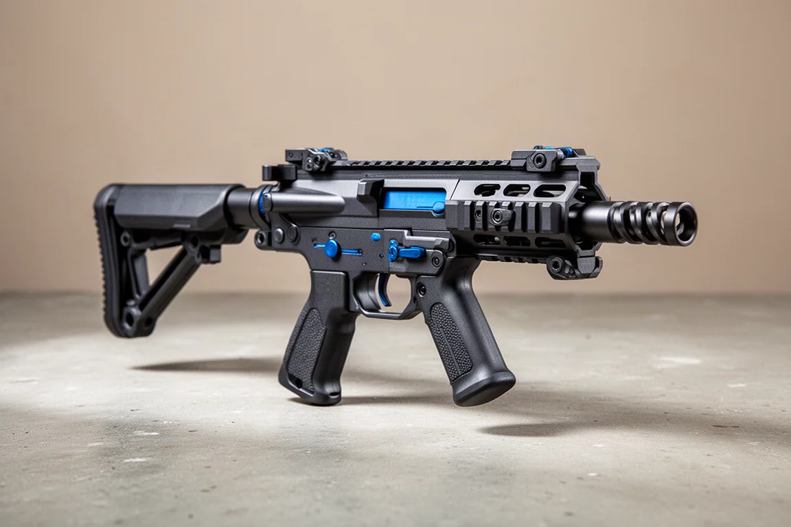Strike Industries Raider M4 PDW airsoftgevär med blå accenter på en betongyta