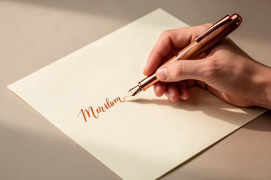 Manos escribiendo sobre papel con una estilográfica de madera