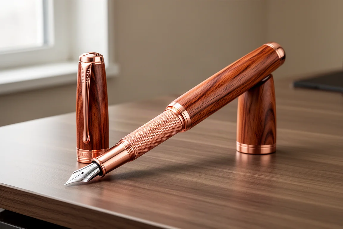 Grande penna stilografica in palissandro e rame appoggiata su una scrivania di legno