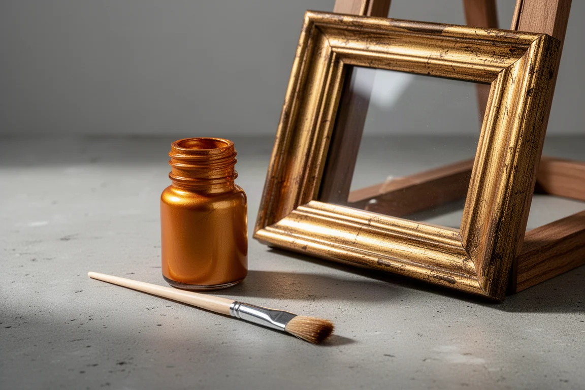 Bottle of warm metallic gold paint beside a brush and a gold-painted vintage frame