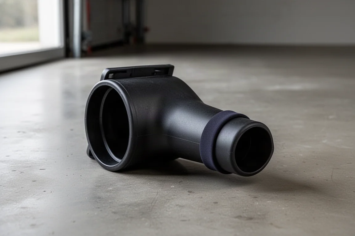 Short black blower nozzle with silicone tip band on a concrete surface