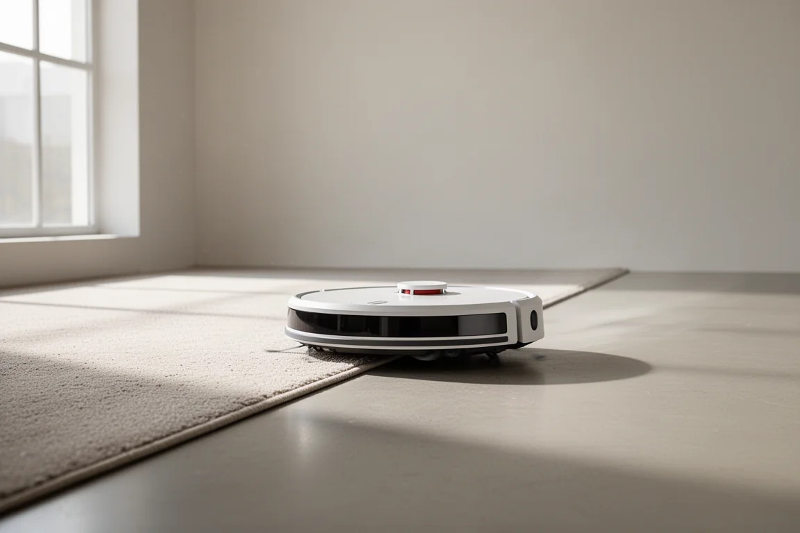 Robot vacuum gliding across a mix of carpet and hard floor in a bright studio