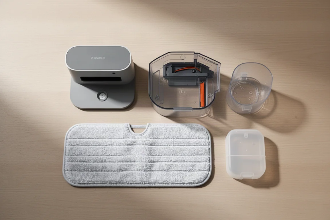 Robot vacuum dock with dustbin and water tank arranged on a wooden surface