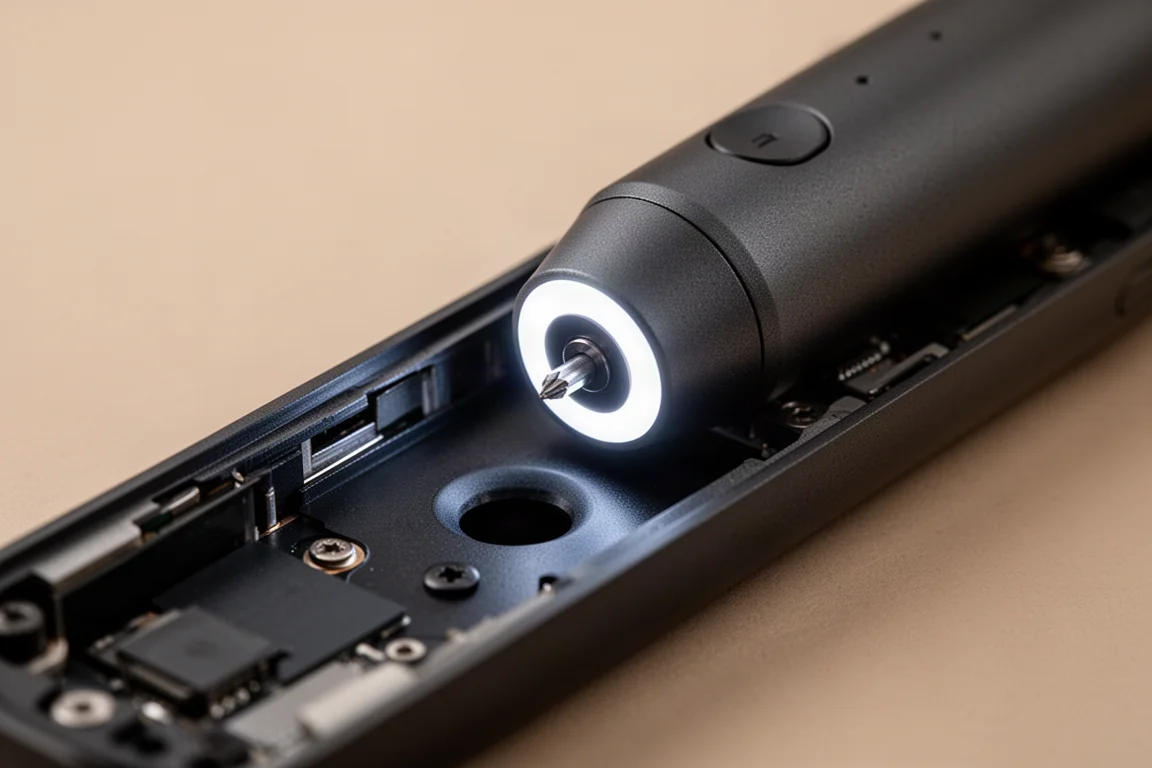 Electric screwdriver with LED ring illuminating a dark screw recess in a device