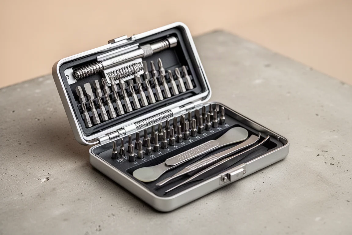 Open metal screwdriver case showing neatly arranged magnetic bit storage
