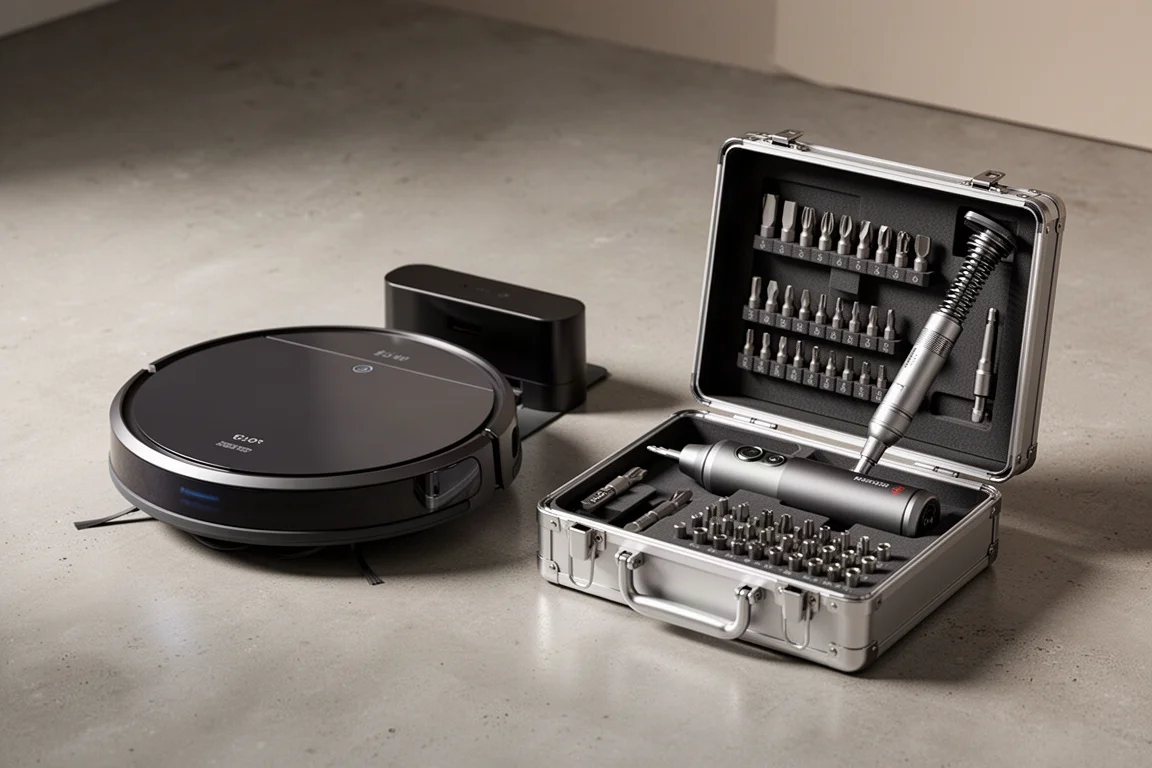 Saugroboter mit Ladestation neben einem Elektro-Schraubendreher-Koffer auf Beton
