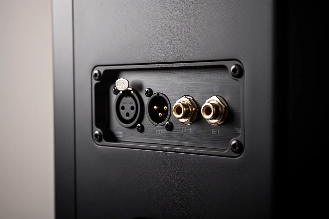 XLRとクォーターインチのコンボジャックを示すスタジオサブウーファーの背面接続パネル