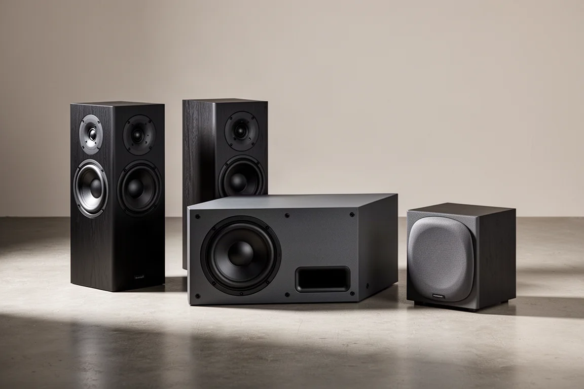 Four compact studio subwoofers arranged in a row on a concrete floor