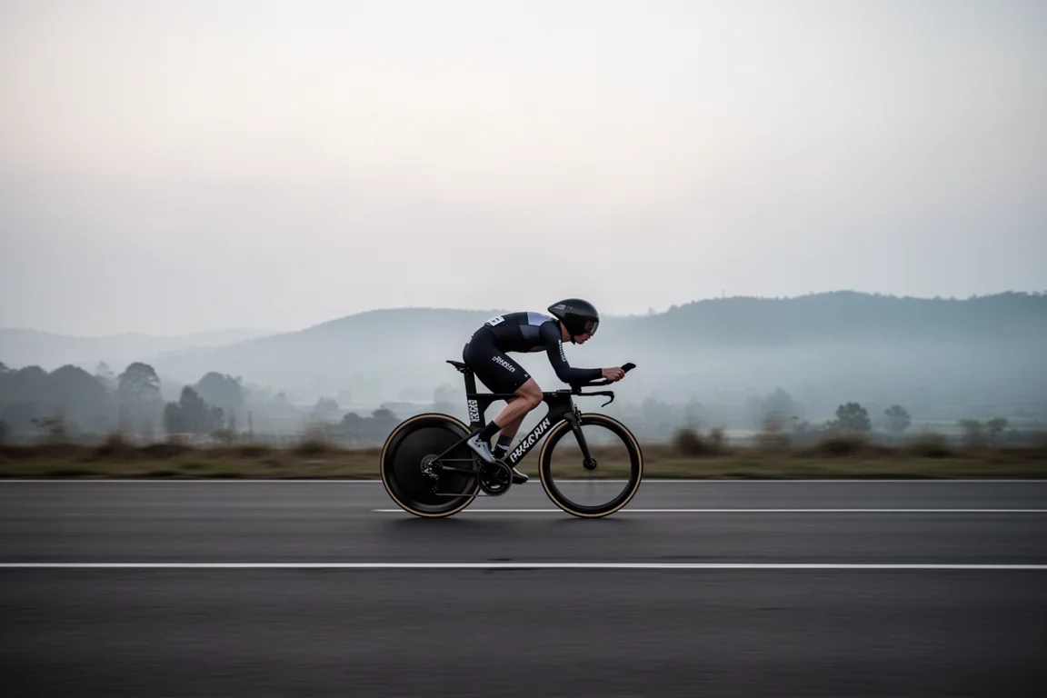 Cycliste de contre-la-montre roulant seul en position aérodynamique sur une route dégagée à l'aube