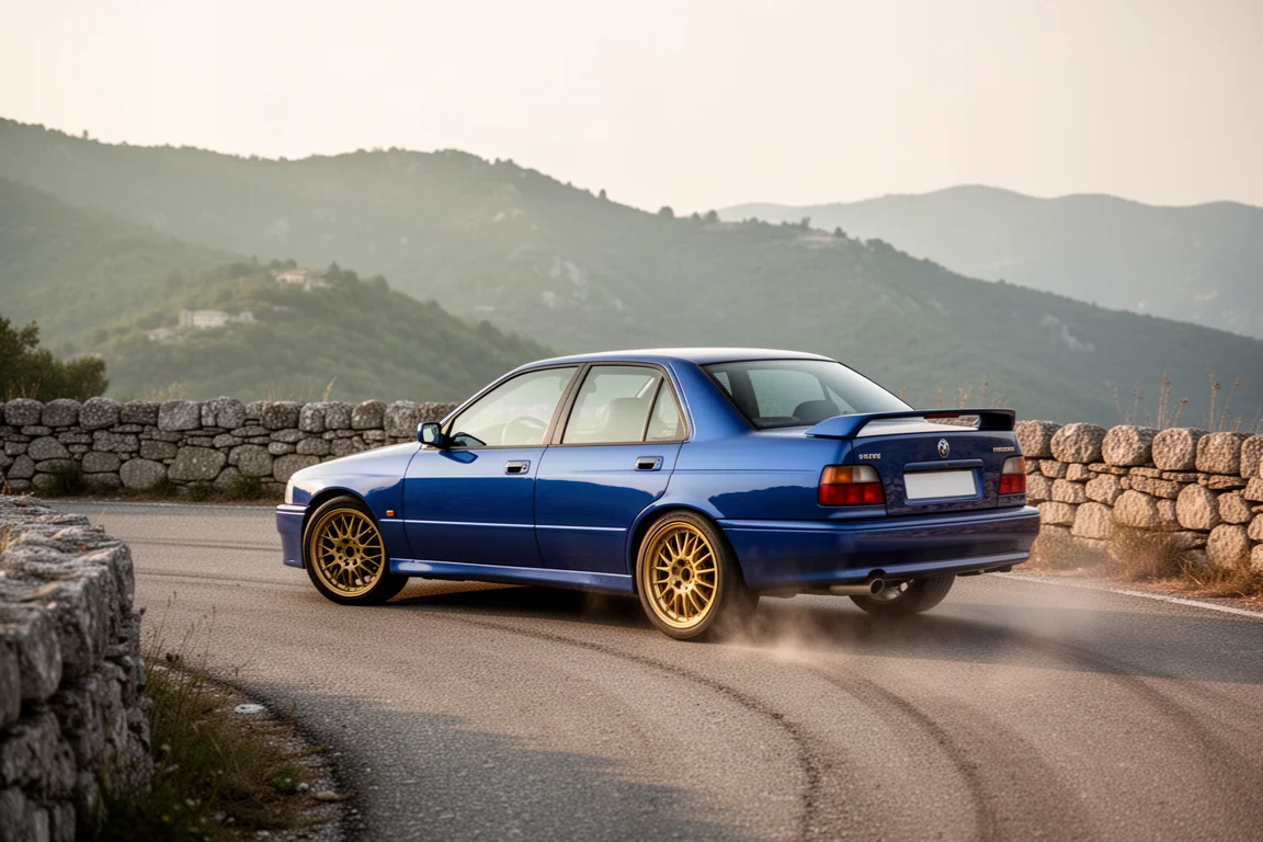 Blue rally saloon on a closed mountain stage with golden Speedline-style alloys