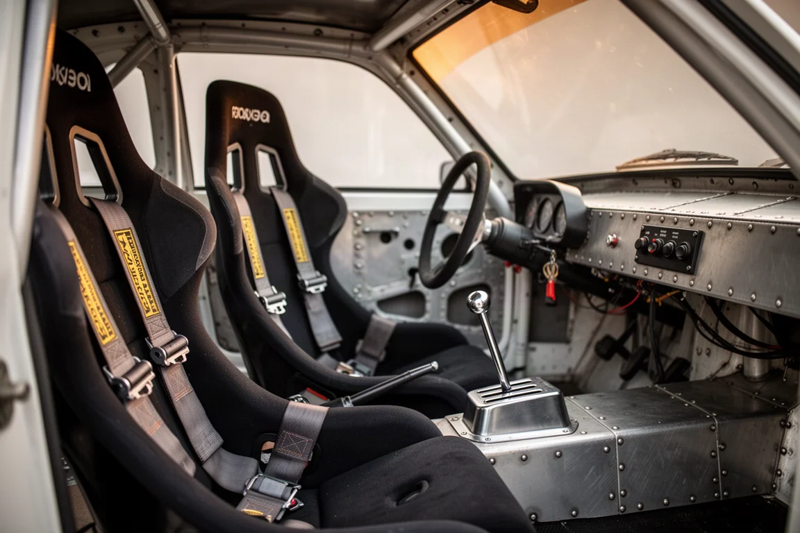 Driver view of a stripped-out rally cabin with sequential gear gate