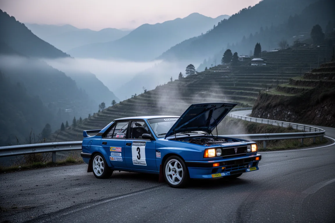 Blue rally car cooling at a mountain hairpin with misty valley behind