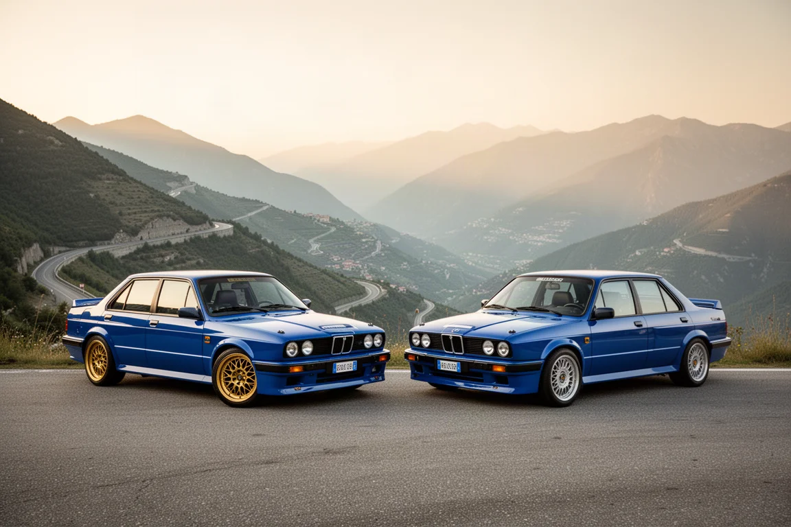 Two blue Subaru rally saloons parked on a mountain road at golden hour