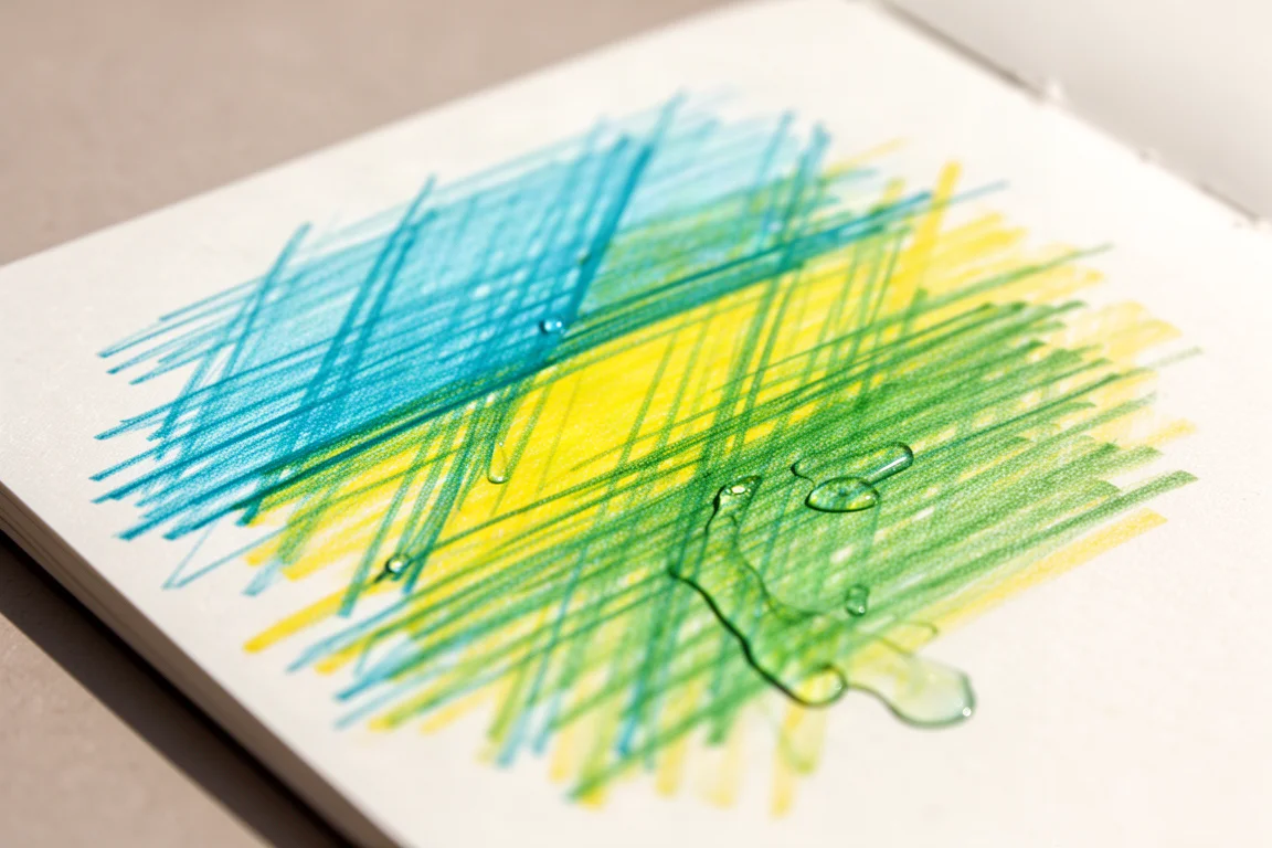 Nahaufnahme von übereinander gelegten Cyan- und Gelb-Schraffuren, die auf dem Papier grün werden