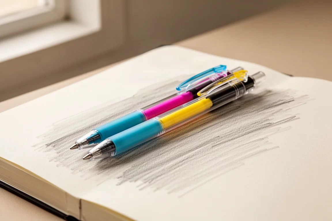 Multi-color ballpoint pen with four ink cartridges resting on an open sketchbook