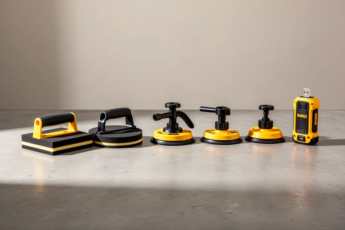 Seven suction cup lifter tools arranged in a row on a concrete surface