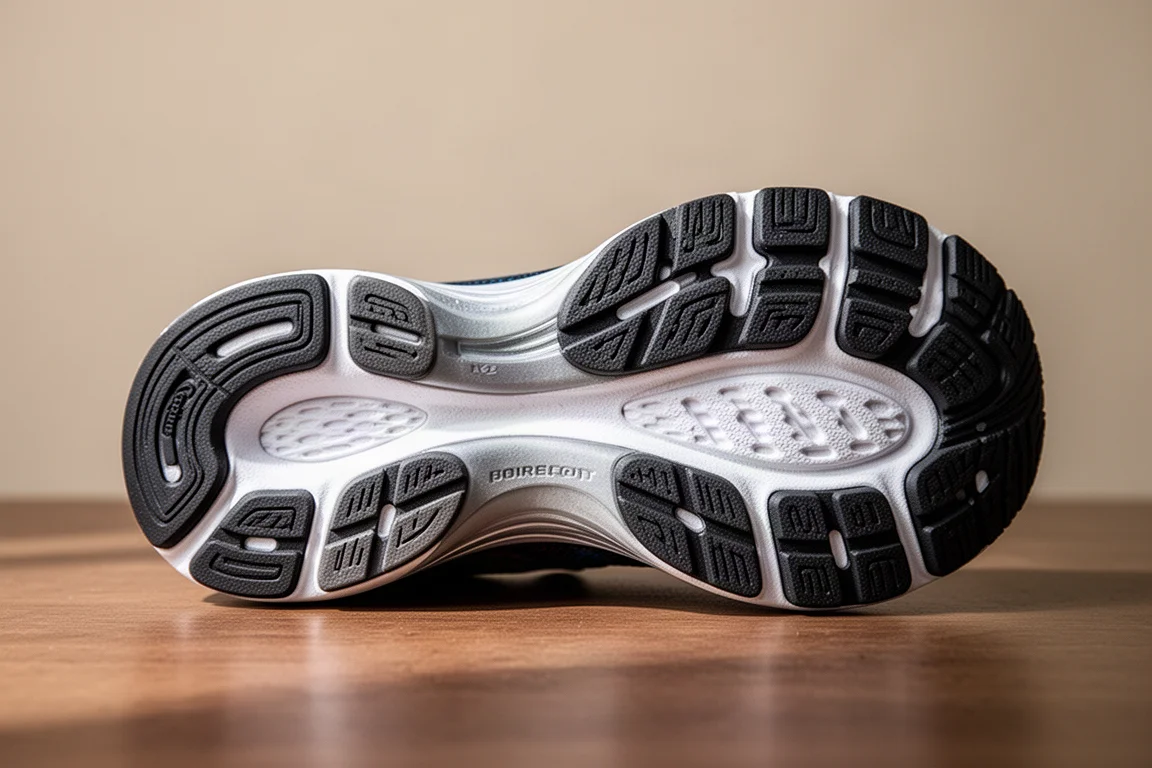 Close-up van de buitenzool van een hardloopschoen met rubberen grip-patronen