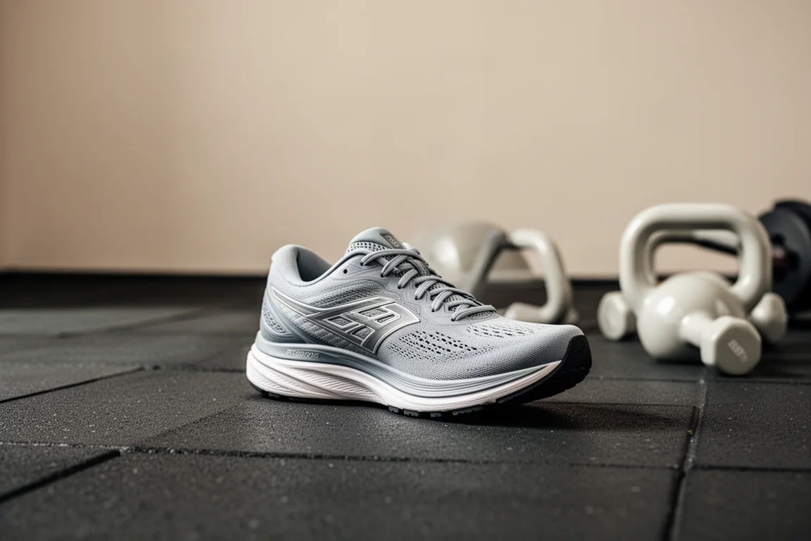 Hardloopschoen ligt op de vloer van een sportschool naast trainingsmateriaal