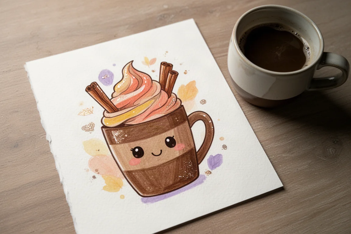 Un piccolo disegno di una tazza di caffè con colori autunnali accoglienti e accenti metallizzati
