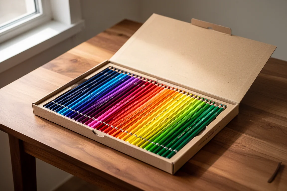 An open case of 180 colored pencils arranged in a full color gradient on a wooden desk