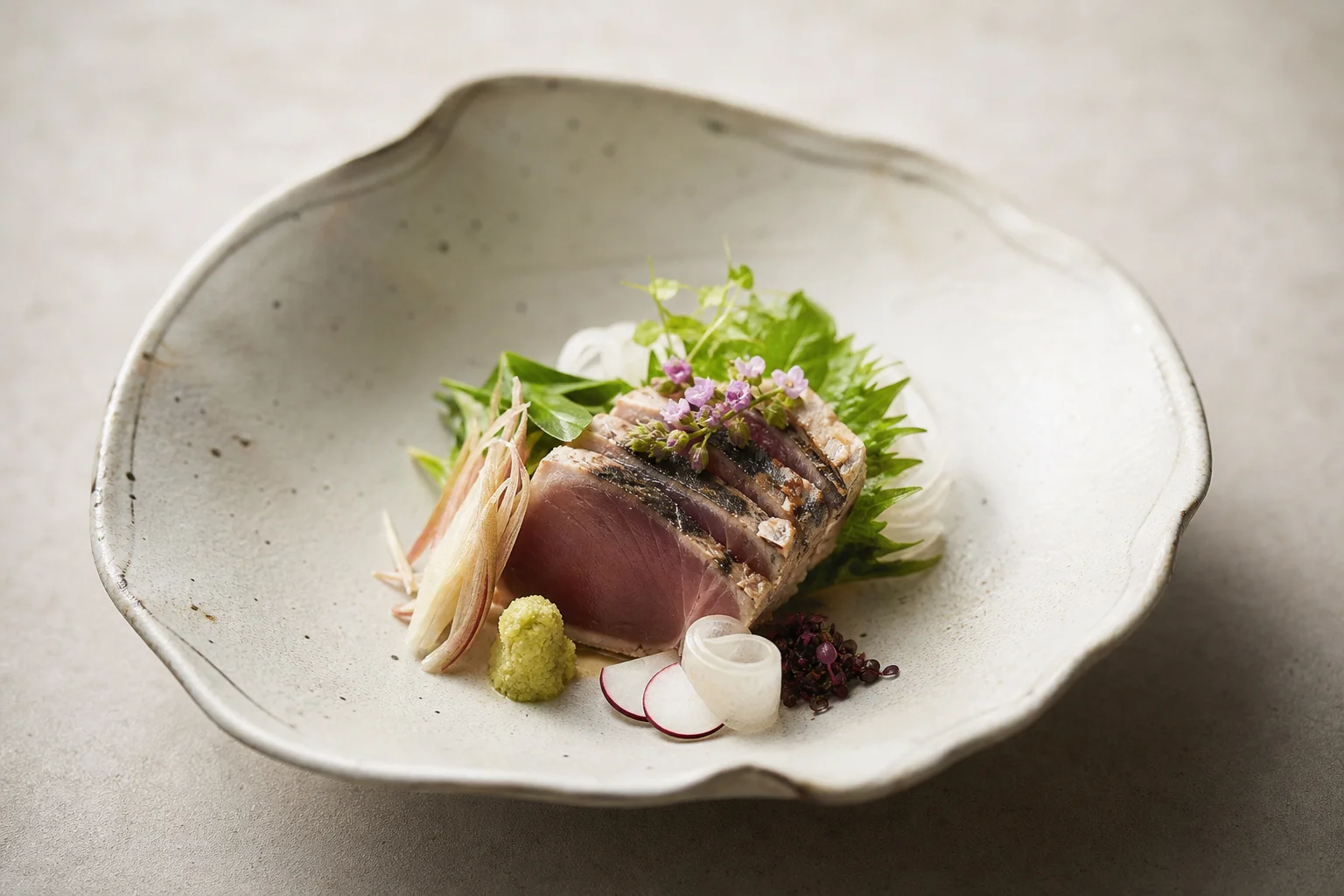 Table de haute gastronomie avec plusieurs plats servis et un verre de vin