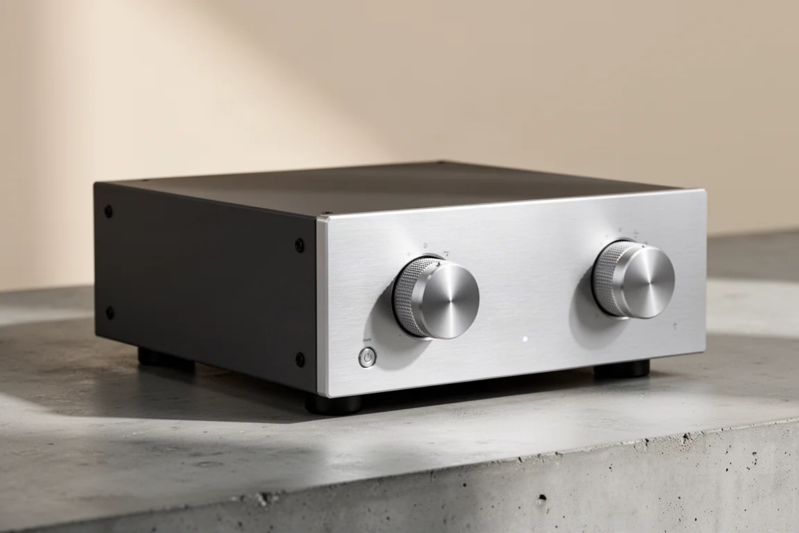 Charcoal integrated amplifier with anodised aluminium front panel on a concrete surface