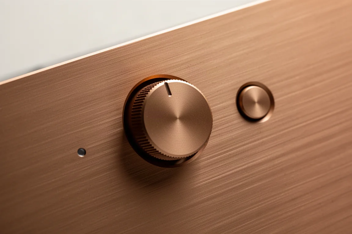 Detalhe macro de um painel frontal de amplificador em alumínio escovado bronze com botão circular