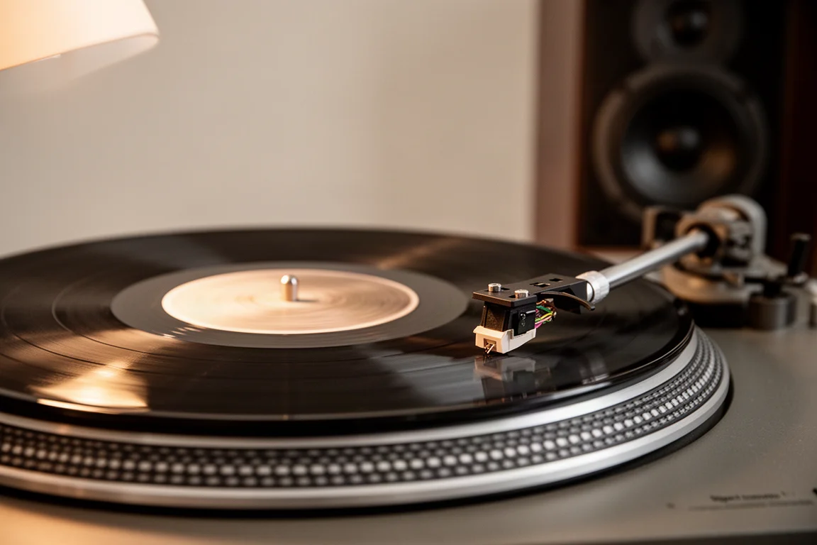 Disco de vinil girando em uma vitrola com braço de leitura abaixado no sulco