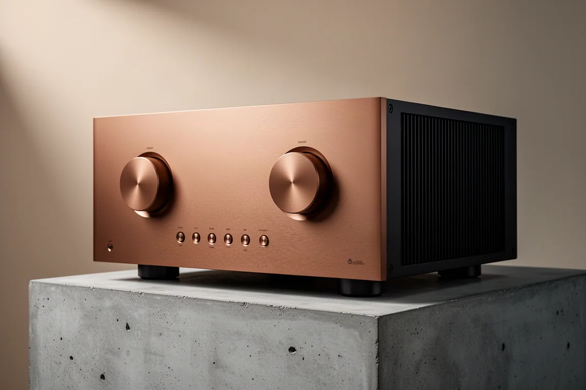 Large bronze-fronted integrated amplifier with two circular controls on a concrete surface