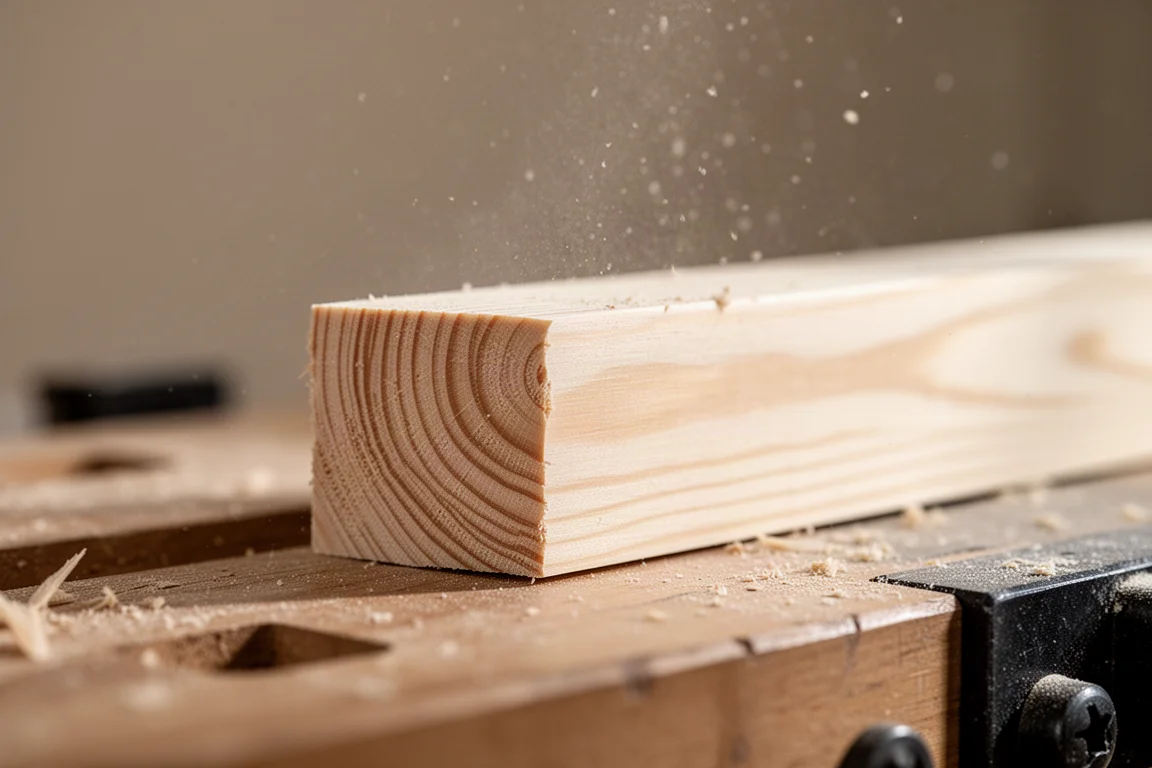 Glatt gesägte Kante eines kleinen Holzstücks mit kaum sichtbaren Schleifspuren