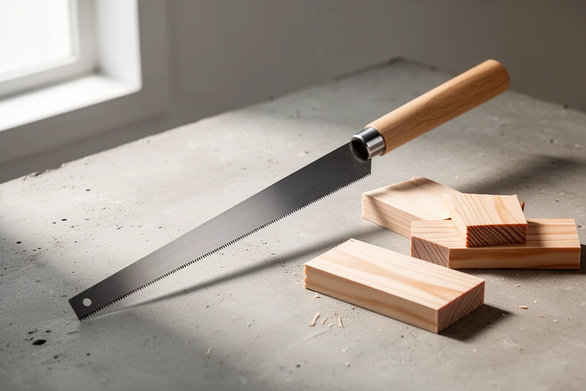 Suizan Japanese pull saw with thin steel blade resting on concrete beside pine offcuts
