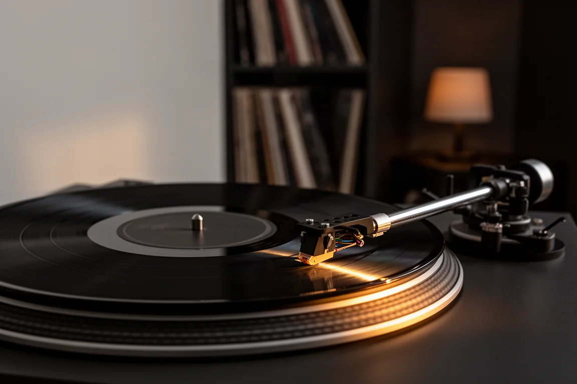 Tonarm eines Plattenspielers auf eine sich drehende Vinylschallplatte in einem dunklen Hörraum abgesenkt