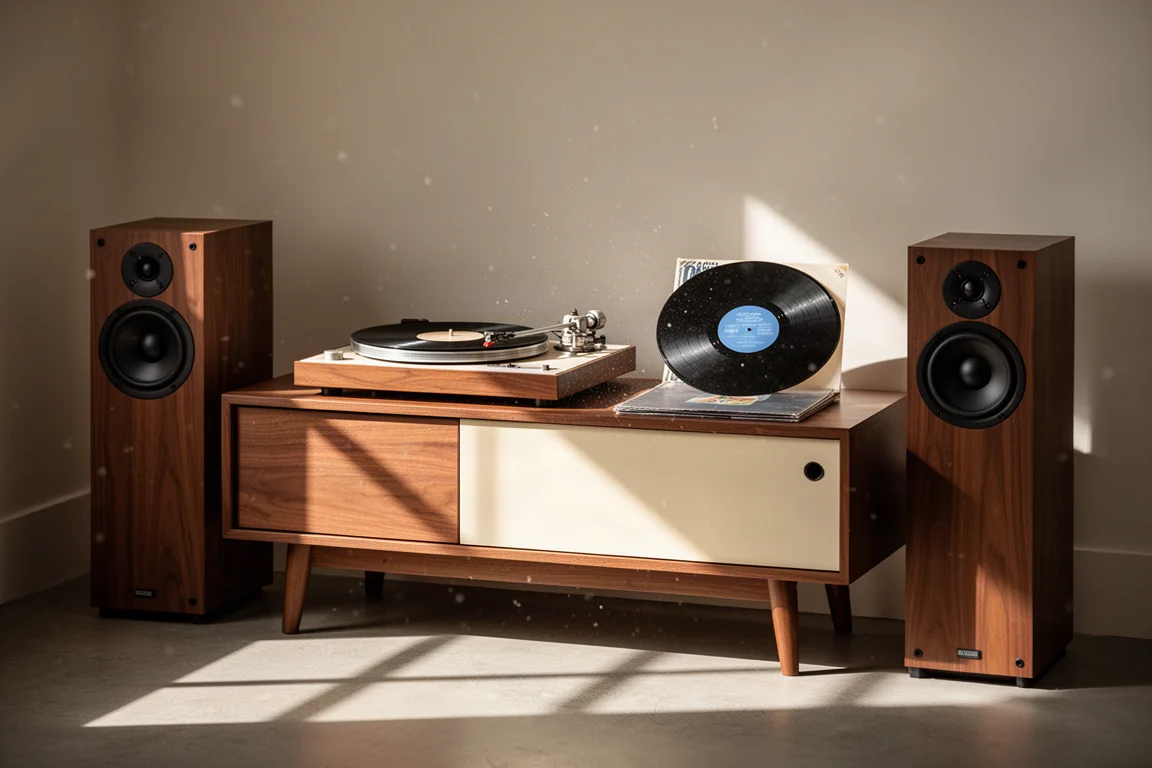 Hi-Fi-Ecke im Mid-Century-Stil mit Plattenspieler, Schallplatte und Lautsprechern im Nachmittagslicht